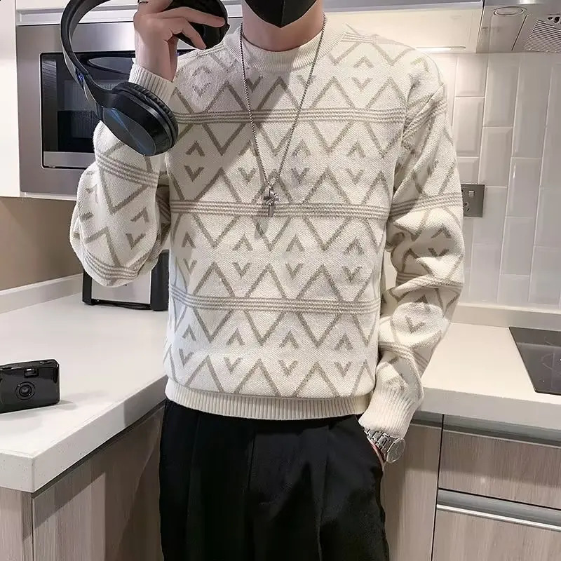 Autumn Winter Mens Sweater High Quality Knitted Geometric O Neck Japan Harajuku Street Slim Fit Top Clothing 240930