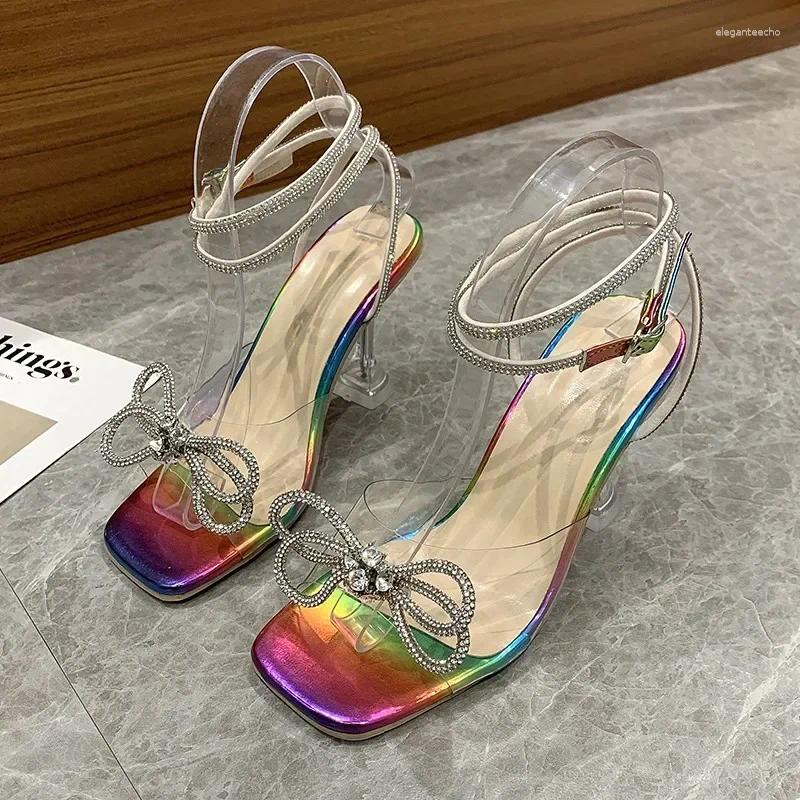 2025 S Fashion Designer Sandals Sexy Rhie Bowknot Women S PVC Jelly Transparent High Heels Summer Ankle Buckle Strap Party Shoe