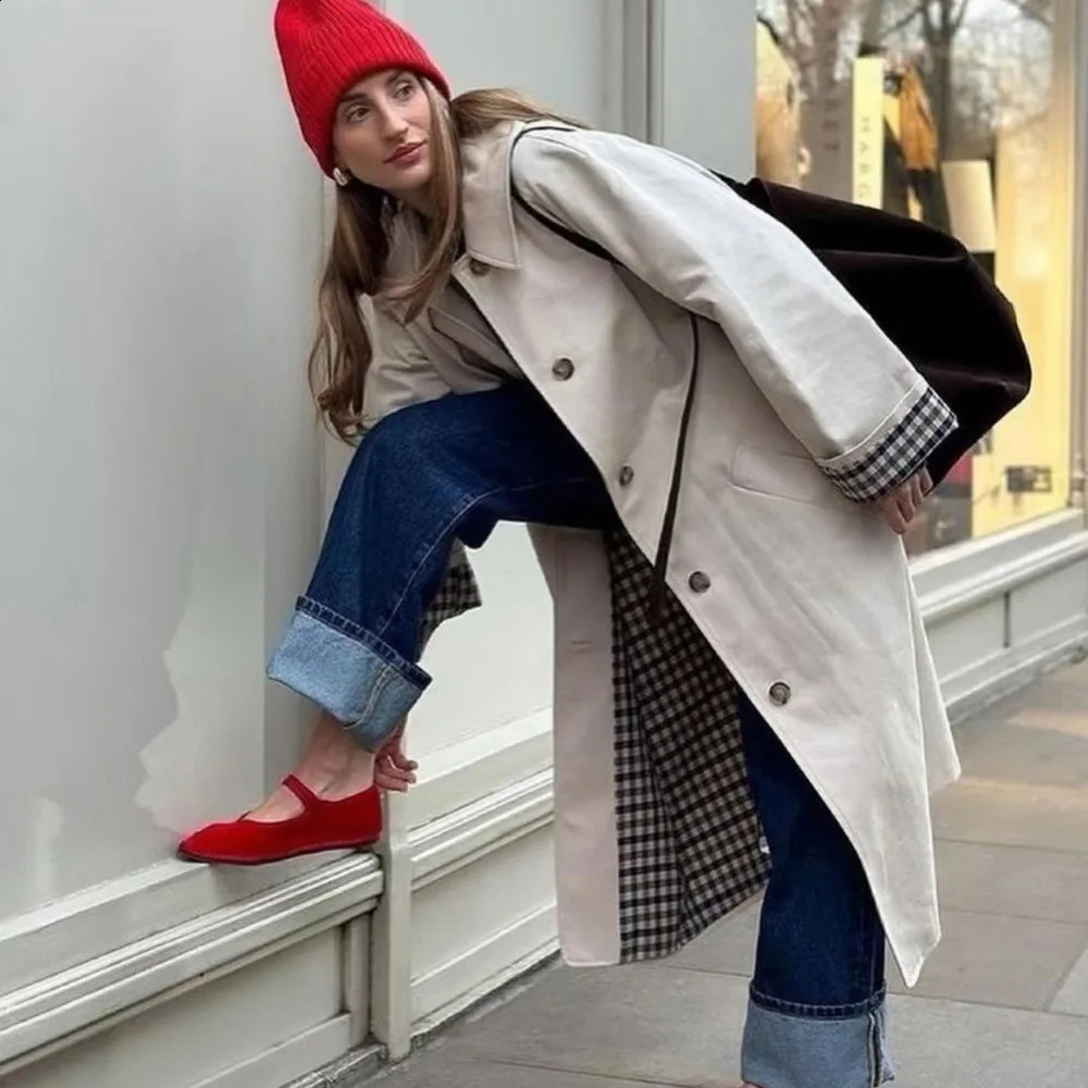 Women Long Trench Coats Elegant Khaki Lapel Single Breasted Casual Jackets Autumn Winter Fashion Plaid Lined Chic Outwear 2024 240930