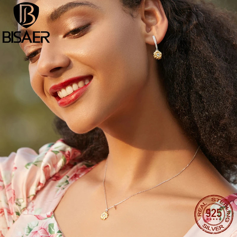 BISAER 925 sterling silver sunflower jewelry set plated with 14K gold lucky necklace earrings exquisite jewelry gift for women 240924