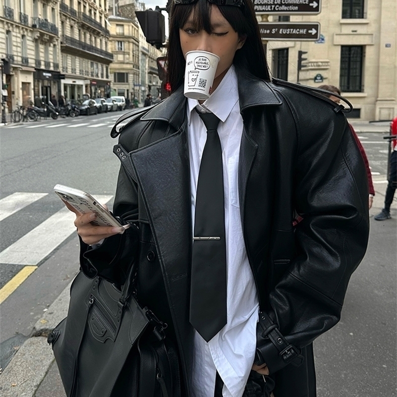 Lautaro Spring Autumn Extra Long Black Pu Leather Trench Coat for Women with Back High Slit Chic European Fashion 2024 240930