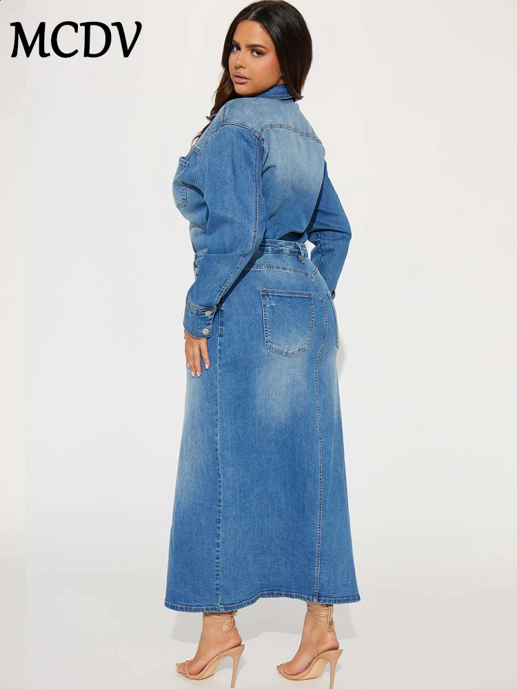 MCDV denim split style womens long skirt autumn sleeved single chest pocket dress with lapel office jeans 241007