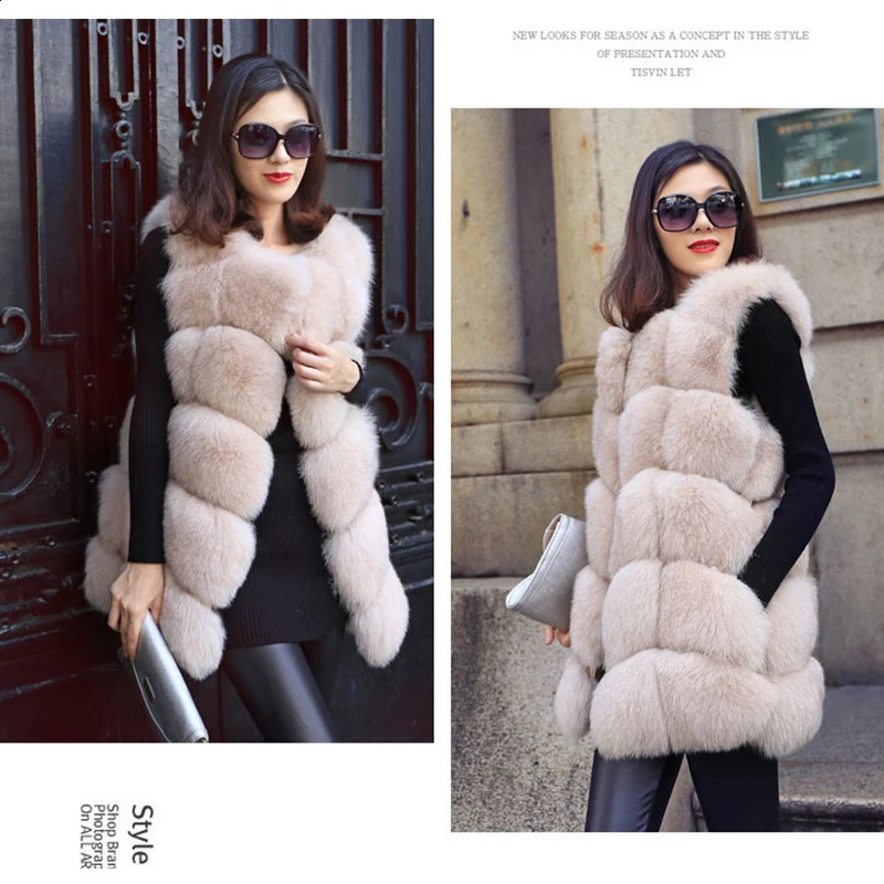 HJQJLS Winter Womens Long Warm Artificial Fox Fur Vest Womens Fluffy Artificial Fur Coat Womens Fur Sleeveless Jacket 240924