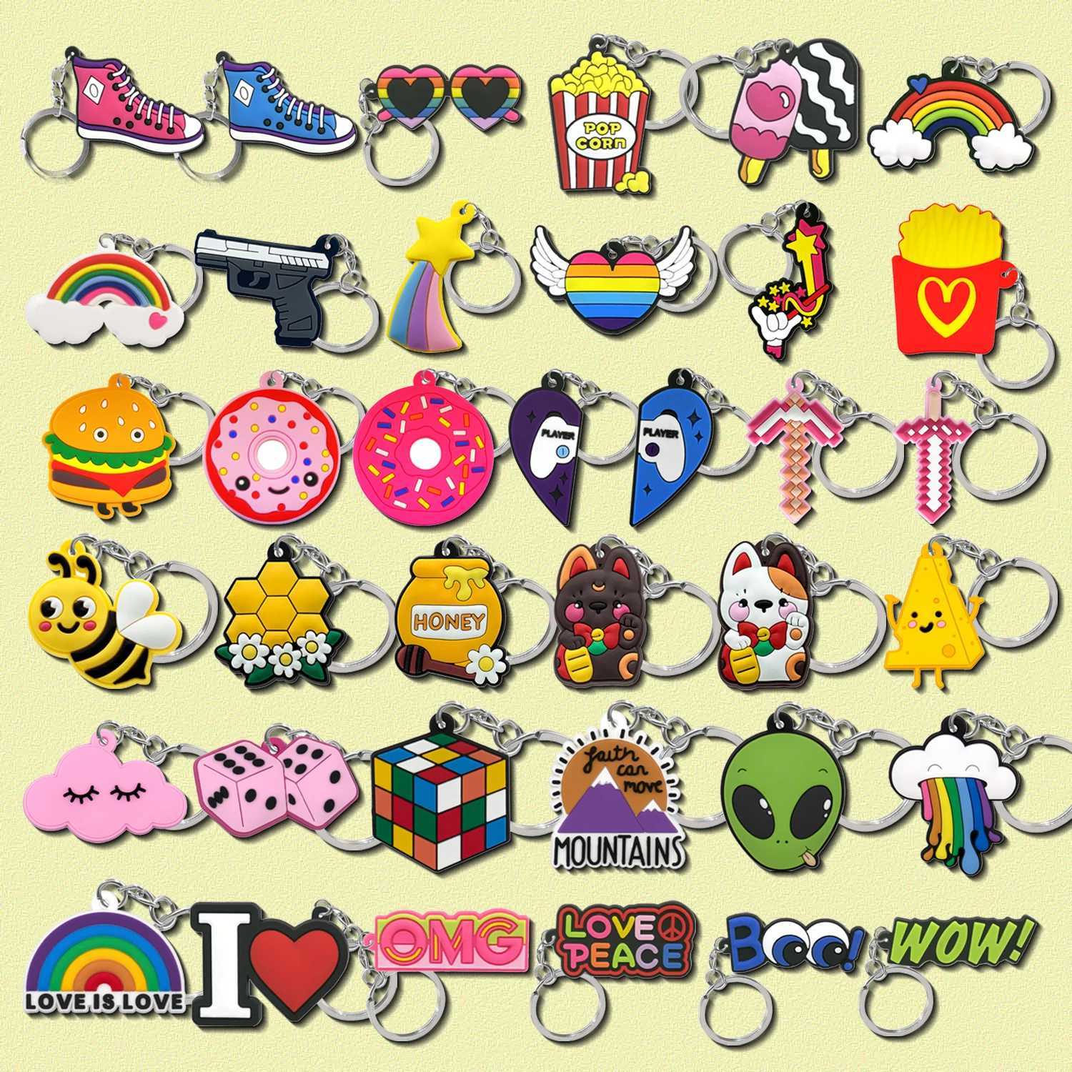 1PVC Honey Bee Cheese Keychain Magic Cube Cloud Gun Key Ring Gamepad Drinks Key Chain Handbag Accessories for Women KidsX241008