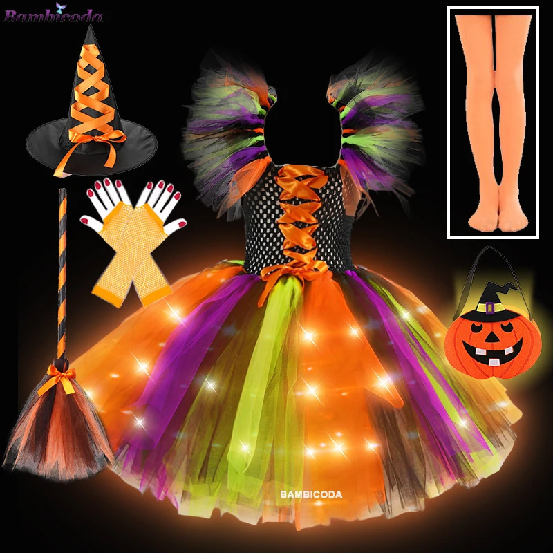 Girls Witch Dress Princess LED Dress for Girls Kids Charm Cosplay Carnival Dress Up Clothes Birthday Party Halloween Costume 240929