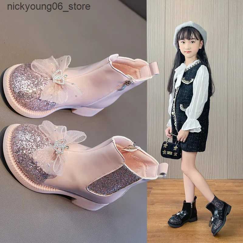 Boots Kid Shoe Fashion Girl Boots Autumn 2023Trend Soft Sole Princess Boot Non Slip Two Cotton Leather Boot Bow Ankle Boot Botas L240910