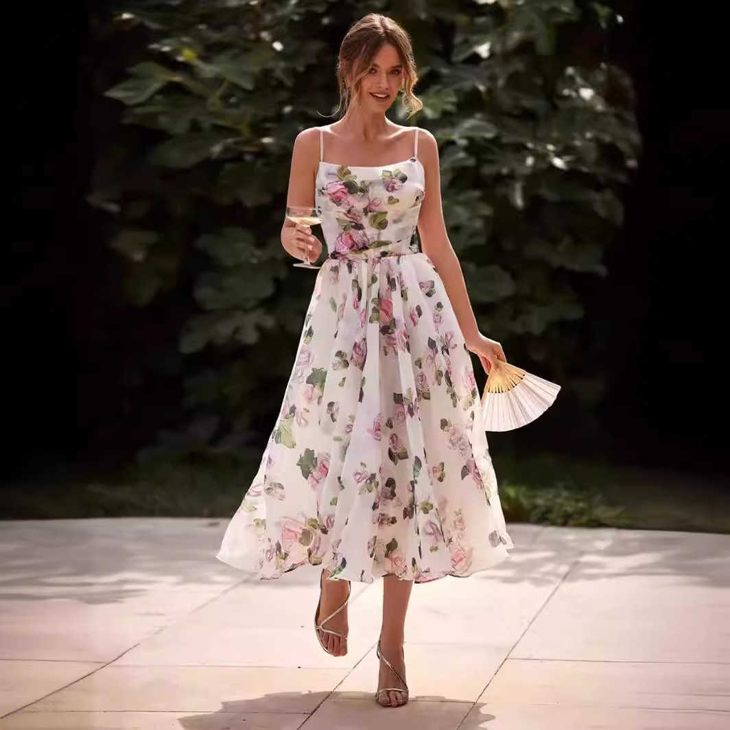 Casual Dresses New Spring Summer Womens Fashion Strap Organza Fairy Style Medium Long Style Evening Dress Urban Sexy Dresses 240924