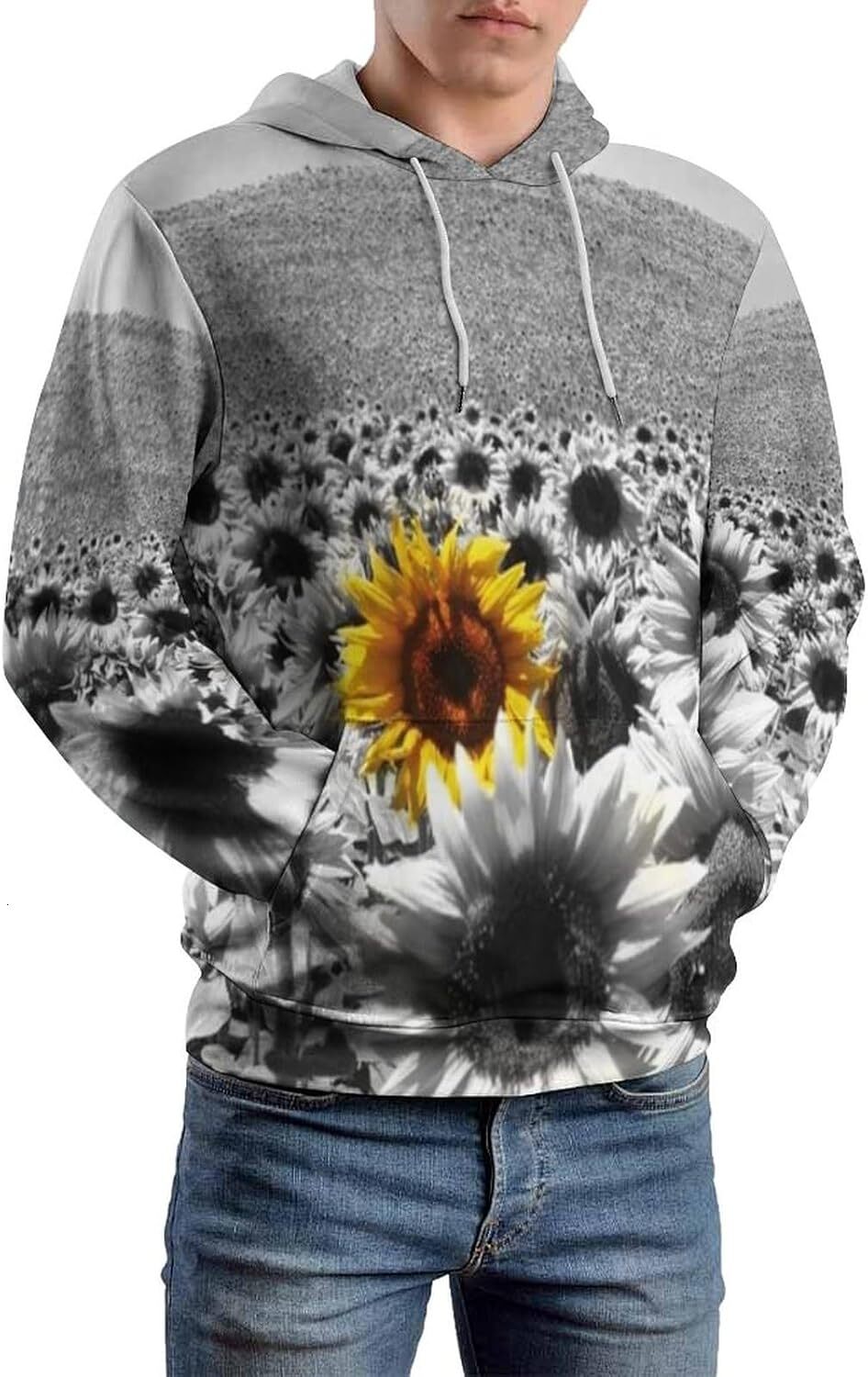 Hoodie for Mens Womens Mens Unisex Novelty Hoodies Sunflower Field Black and White a Single Yellow Flower Individuality Graphic Hoodies sweatshirt coo