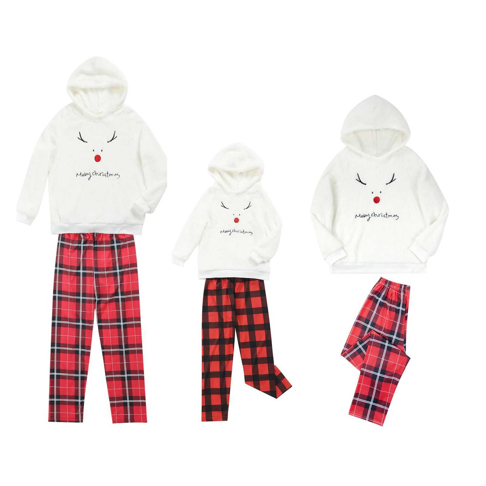 Family matching Christmas pajama set with deer print plush hooded sweatshirt top flat bottom pants womens childrens pajama set W241008