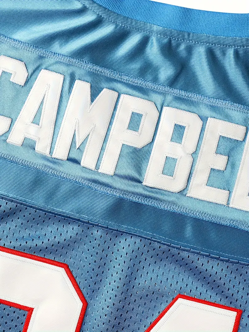#34 Earl Campbell Comfy V-Neck Football Jersey Light Blue Mesh Embroidery for Training and Competition Breathable Moisture-Wicking American Football S