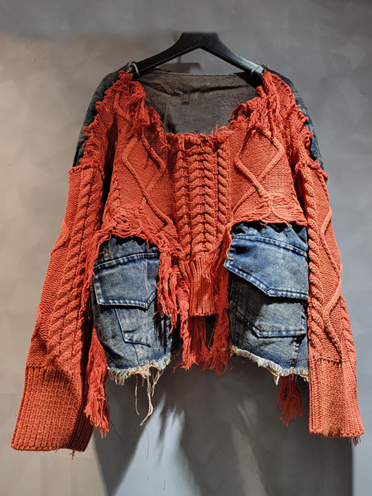 DEAT Women's Pullover Long Sleeve Irregular Do Old Patchwork Pockets Vintage Washed Denim Sweater2024 Autumn New Fashion 29L8195