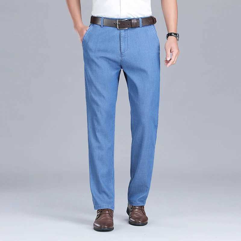 2024 Spring/Summer New Mens Thin Light Blue Loose Jeans Commercial Fashion Lyocell Fabric Elastic Denim Trouser Mens Brand PantsW240715