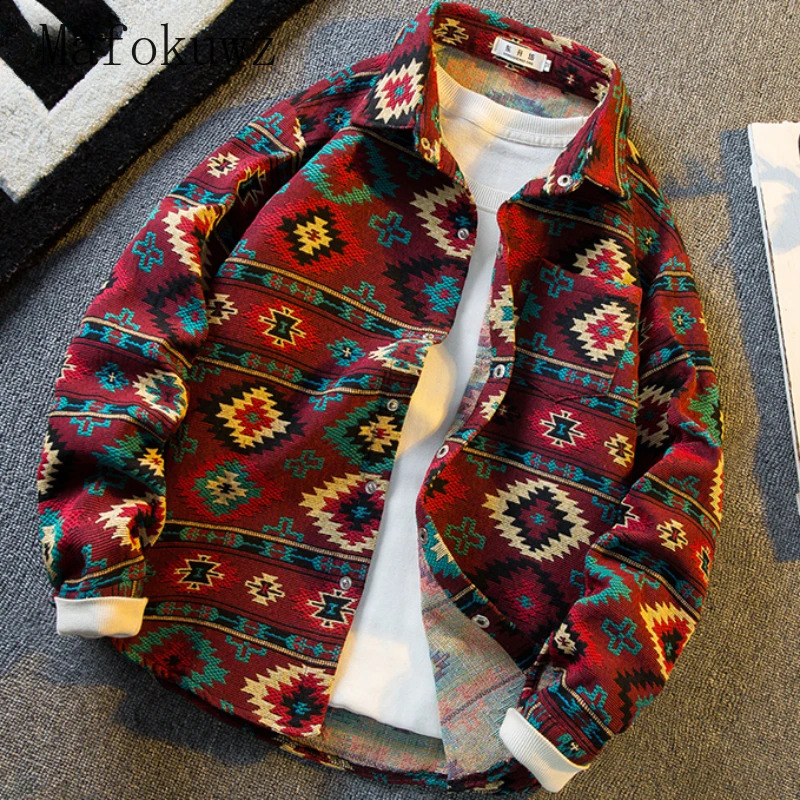 Autumn vintage embroidery woven long sleeved mens ethnic style loose casual high street shirt jacket mens clothing 241008