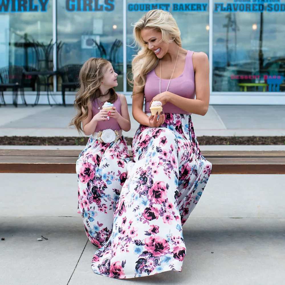 Summer Mother and Daughter Flower Long Dresses Beach Party Bohemia Maxi Dress Sundress Outfits Cotton Beachwear for Parent-ChildXJ241008