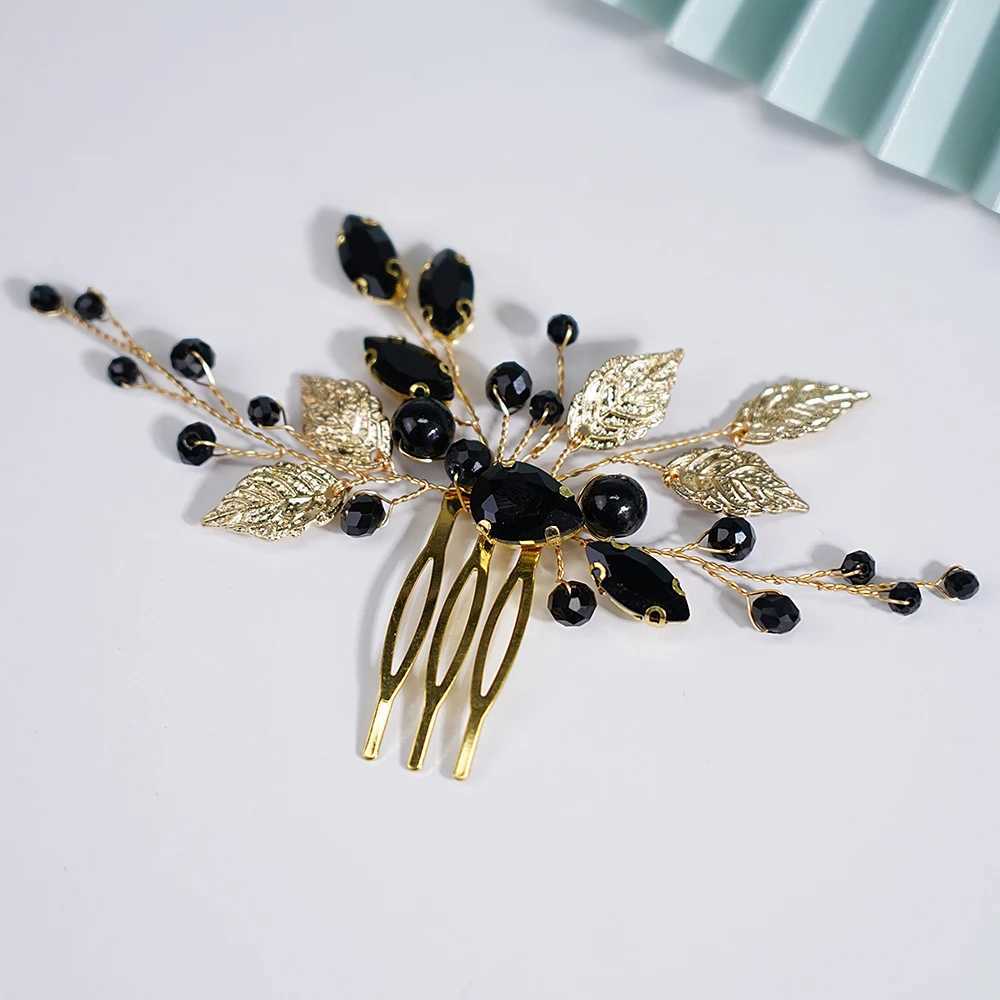 Handmade Black Crystal Bridal Leaf Hair Comb Gold Diamond Bridal Hair Slices Female Wedding Hair Accessories W241007