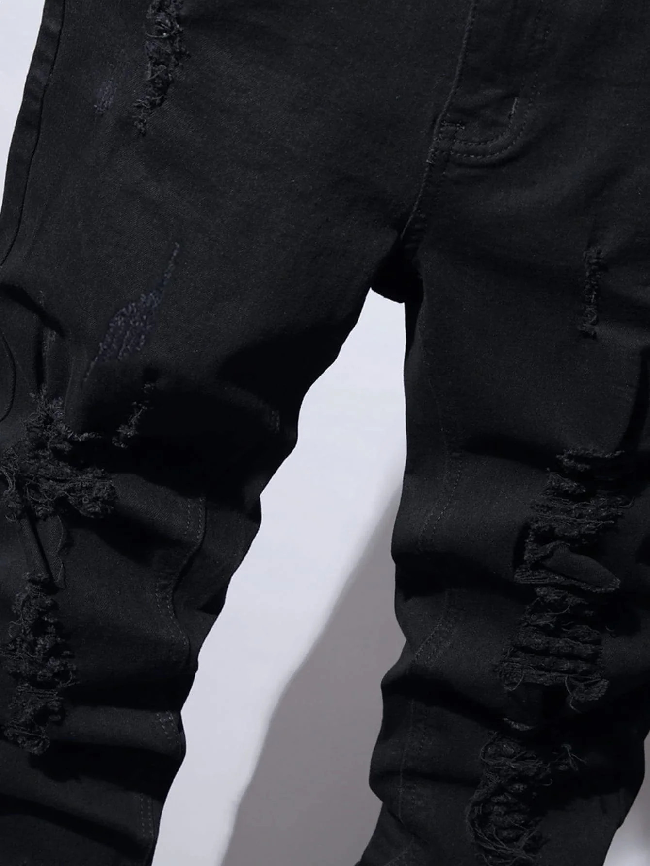 Mens ultra-thin bicycle torn long denim Trouser tight jeans pockets for young people jogging pants destroyed stretch black pants 241008