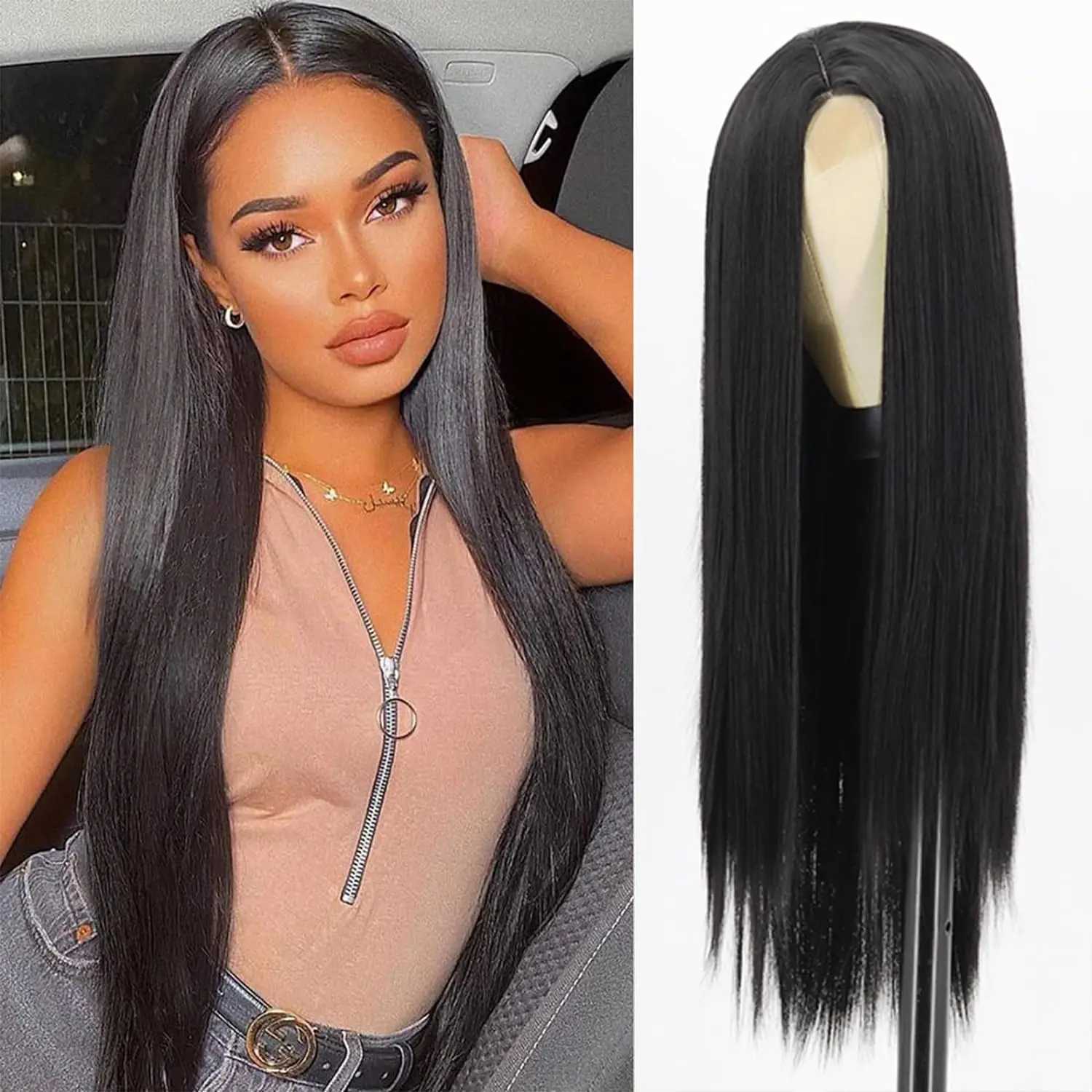 4X1 Natural Black Wig for Women Long Straight Wigs Middle Parting Lace Front Wig Silky Soft Smooth Remy Hair Heat Resistant FibeXJ241008