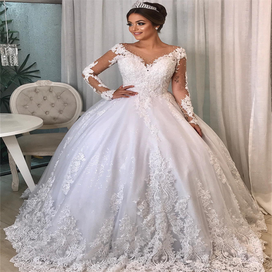 Exquisite Ball Gown Glitter Wedding Dresses 2025 Beaded Appliques Lace Long Sleeve Garden Bridal Gown Princess Country Bride Dress Vestido De Casament