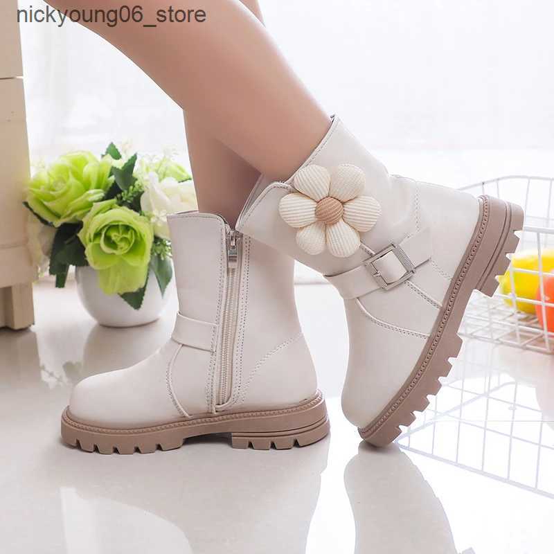 Boots Sweet Princess Boots Flowers Cute Buckle Fashion Kids Shoes Side Zipper Children Casual Shoes PU 2023 New Brown Beige Elegant L240910