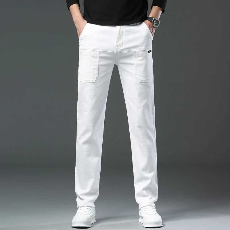 New Spring/Autumn Mens Multi Pocket Design White Tight Jeans Fashion Casual Khaki Red Comfortable Stretch JeansW240715