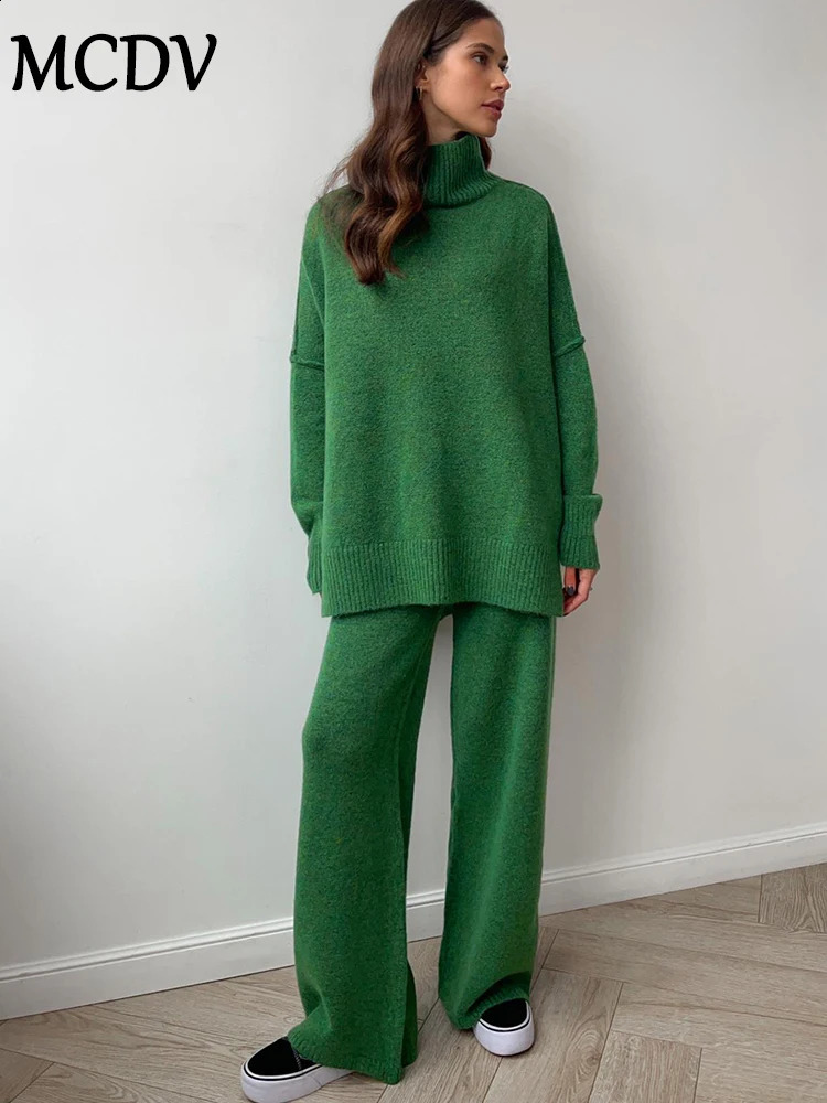 MCDV Autumn/Winter Knitted Two Piece Pants Set Womens Turtle Neck Loose Sweater Wide Leg Pants Matching Pajamas 241007