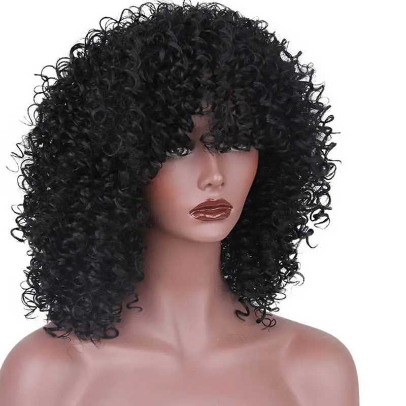 Synthetic Curly Wigs for Women Afro Curly Wig with Bangs Natural Black Hair Synthetic Heat Resistant Full WigsXJ241008