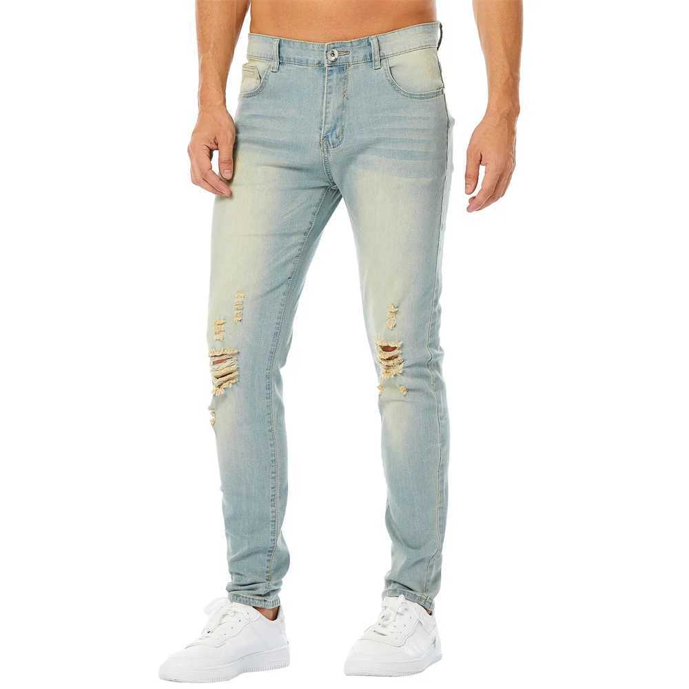 Simple retro style solid hole mens tight jeans Trouser mens fashionable tear elastic casual jeansW240715