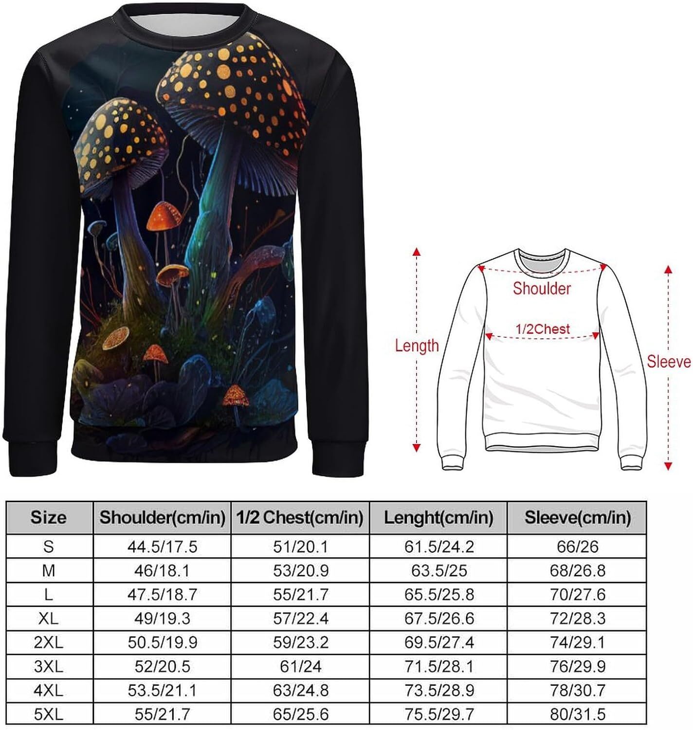 Long Sleeve Shirts for Men sweatshirt Wild Mushroom Print Sweatshirt for Women Men Raglan Round Neck Sweatshirts Long Sleeve Pullover Tee Streetwear C