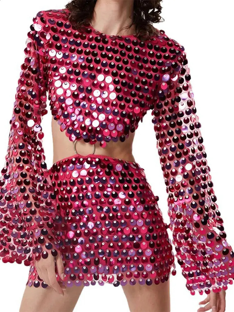 Womens sexy hollow sequined backless mini dress fashionable Oneck long sparkling sleeves waist loop splicing womens party fashion Vestido 241007