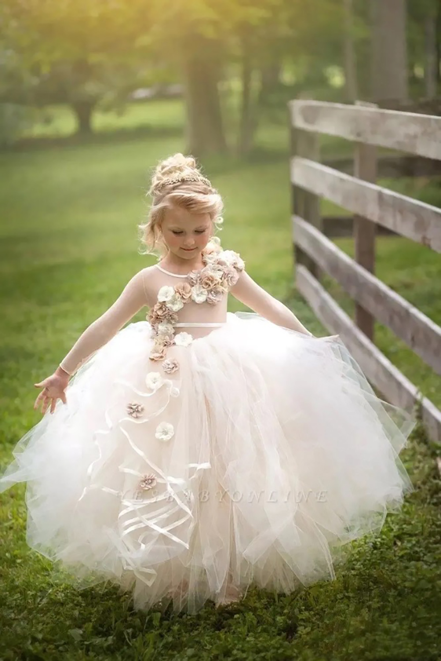 Cute 3D Floral Beaded Girls Pageant Dresses Children Birthday Holiday High-Low Party Dresses Princess Flower Girl Dresses