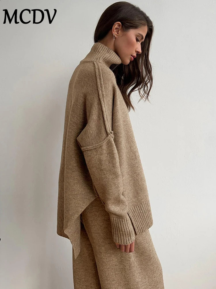 MCDV Autumn/Winter Knitted Two Piece Pants Set Womens Turtle Neck Loose Sweater Wide Leg Pants Matching Pajamas 241007