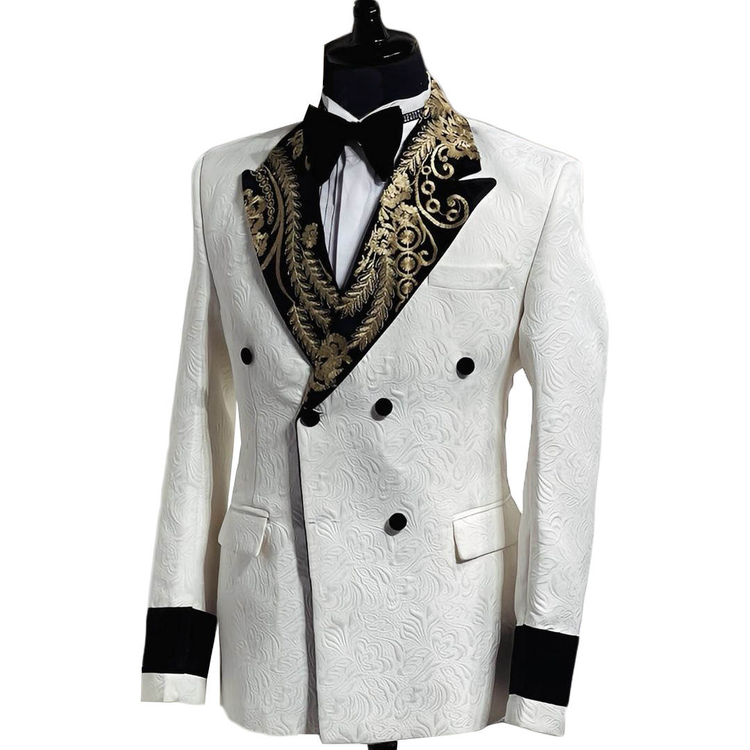 Elegant Wedding Suits Peaked Lapel Jacket 2 Piece Set Appliqued Jacquard Men's Tuxedo Tailored Dinner Prom Groom Blazer Custom Made(Coat+Black Pa
