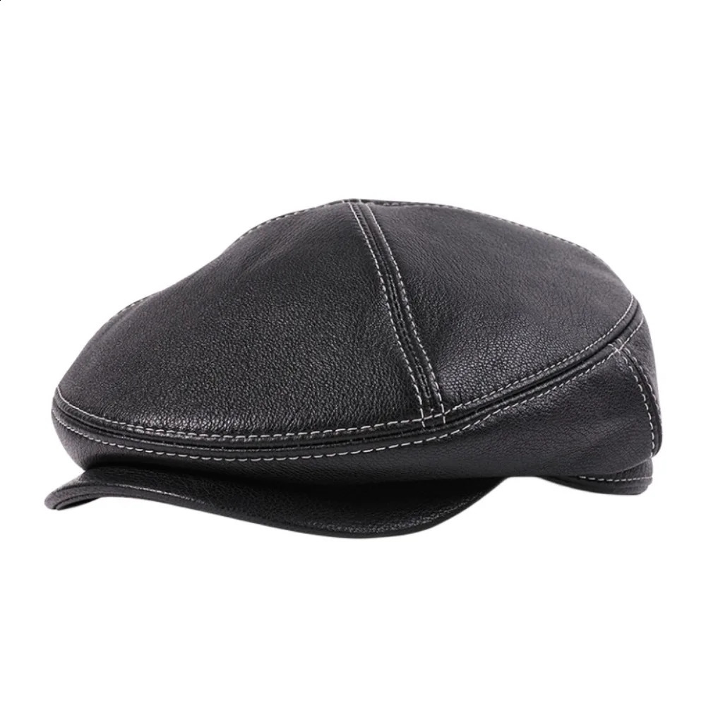 LA SPEZIA Winter Leather Hat Mens Retro Flat Hat Warm Leather Sheepskin Beret Mens High Quality 241007