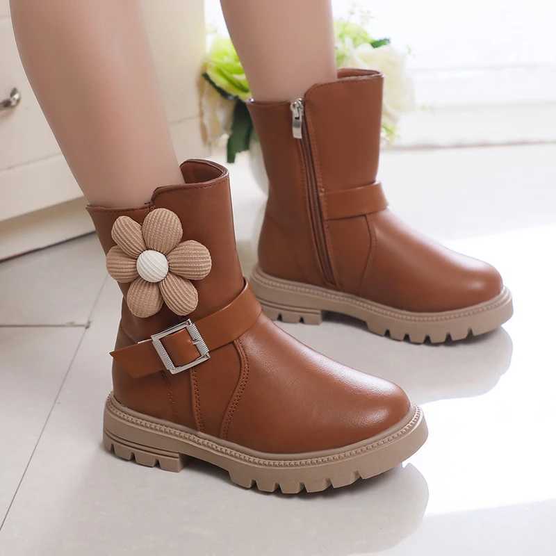 Boots Sweet Princess Boots Flowers Cute Buckle Fashion Kids Shoes Side Zipper Children Casual Shoes PU 2023 New Brown Beige Elegant L240910