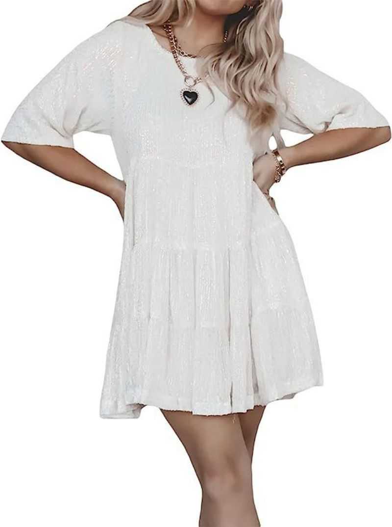 Casual Dresses Spring Summer New Glitter Dress Half Sleeve Round Neck Ruffle Loose Dress Urban Sexy Dresses 240924