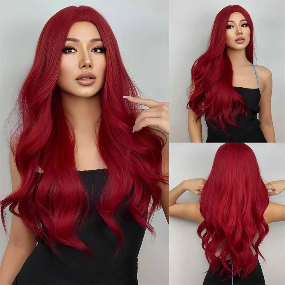 Fashion synthetic fiber wig womens big red medium part long curly hair big wave high temperature silk wig full head coverXJ241008