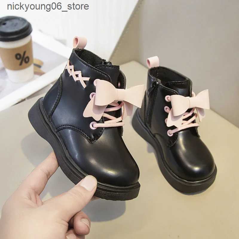 Boots Girl Boot Children Plush Short Boot Bow British Style Leather Boot Baby Boot Winter for Girl Kid Casual Sneaker Botas Para Nia L240910