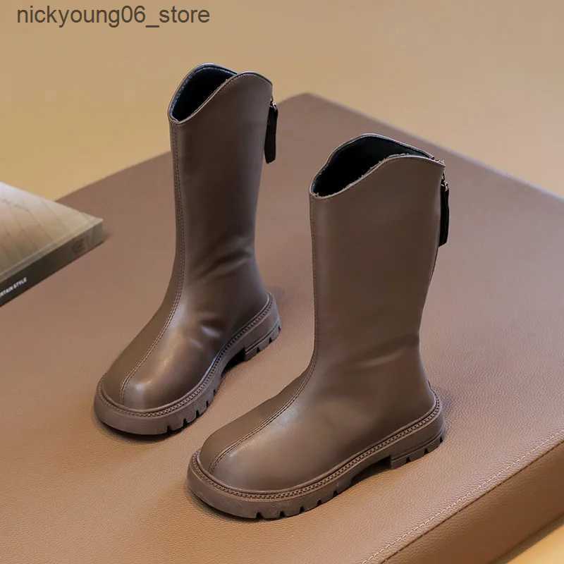 Boots New Girls Mid-Calf Boots Black Brown Versatile Children Leather Boots Classic Simple Kids Causal Catwalk Boots Fashion Non-slip L240910