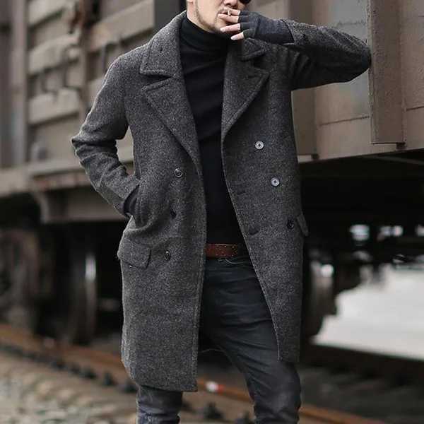 New winter 2024 double layered mid length mens turtleneck tweed trench coat for fast sales W241007