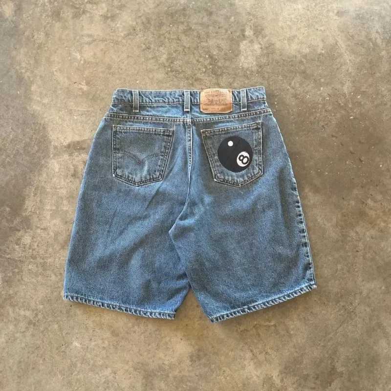 Y2K retro shorts bag denim Harajuku hip-hop pattern summer mens new gothic casual fashion basket shorts streetwearW240713