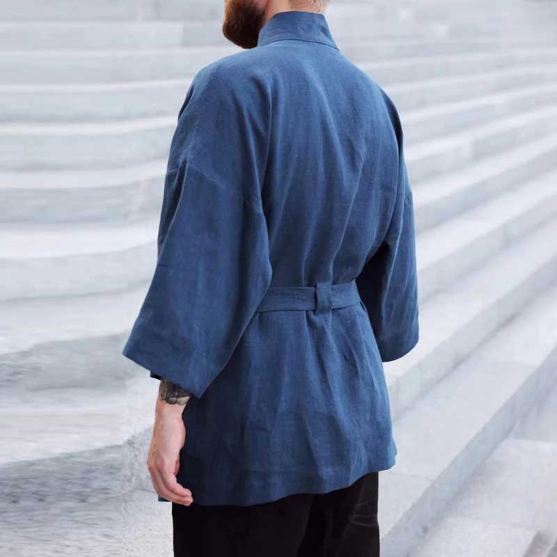 Mens trench cotton open seam coat solid long sleeved casual Japanese kimono streetwear loose open collar mens coat W241007