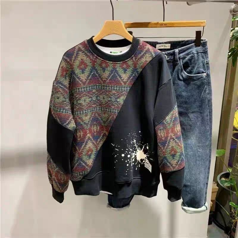 2024 New Designer Winter Splicing Bathroom~Fashionable High end Round Neck Contrasting Bottom