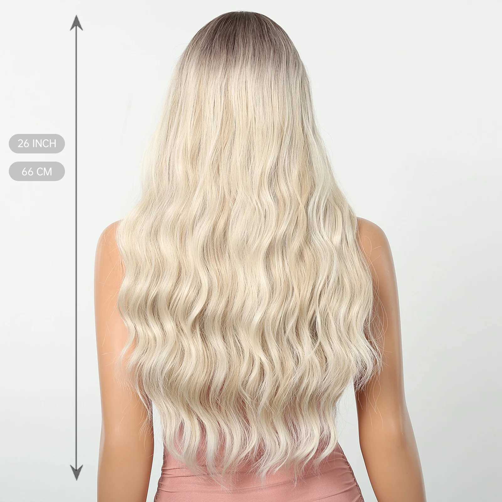 HENRY MARGU Platinum Blonde Synthetic Wigs Long Water Wavy Wig with Bangs Ombre Dark Roots Blonde Hair Heat Resistant Daily WigXJ241008