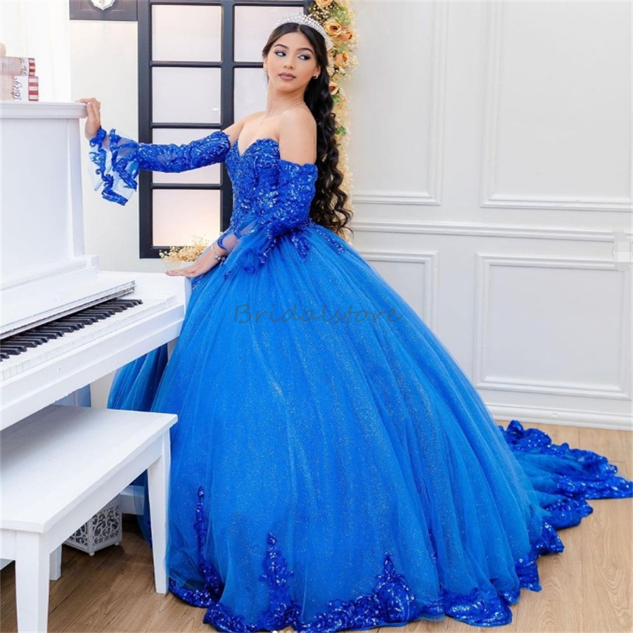 Sparkly Royal Blue Quinceanera Dresses 2025 Glitter Sequins Fifteen Birthday Party Dress Sweetheart Appliques Corset Vestidos De 15 Anos Quinceaneras 