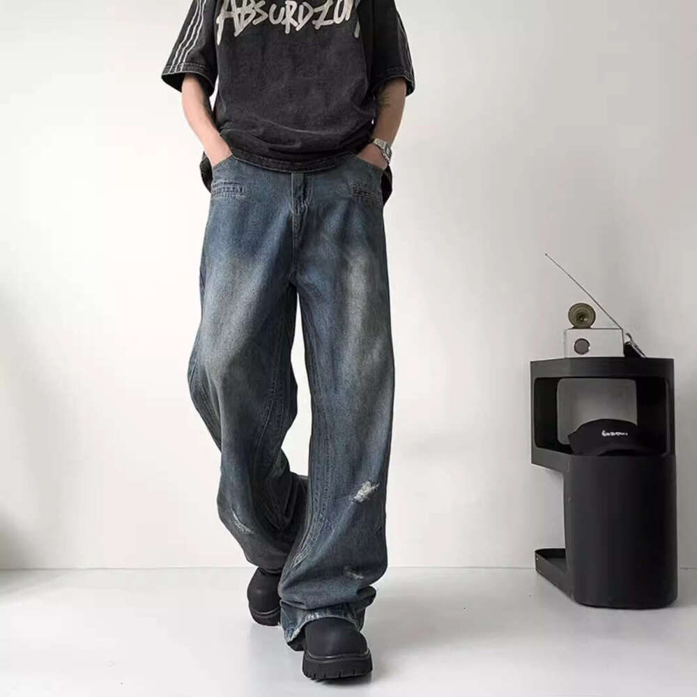 American Washed Denim Jeans For Men In Autumn, Loose Fit, Oversized, Wide Leg, High Street, Rugged And Handsome, Dirty And Worn Straight Leg Pants 1Ed