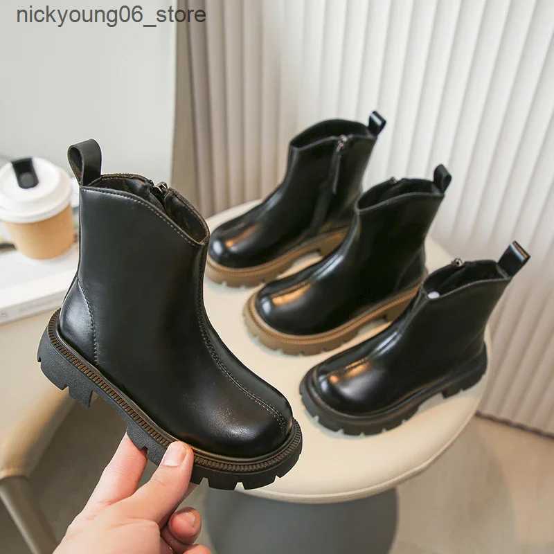 Boots Girls Ankle Boots Side Zipper Children Fashion Leather Boots Non-slip Kids Black Short Boots Anti-Slippery 2024 Winter New L240910