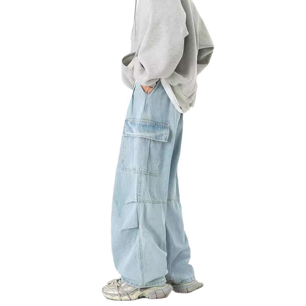 Workwear Jeans Men's Autumn American Retro Washed Pleated Design, Niche Loose Straight Leg Casual Long Pants