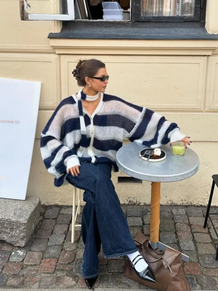 Fashion contrast striped womens knitted cardigan with scarf casual Vneck lantern sleeve sweater jacket fashion 241007
