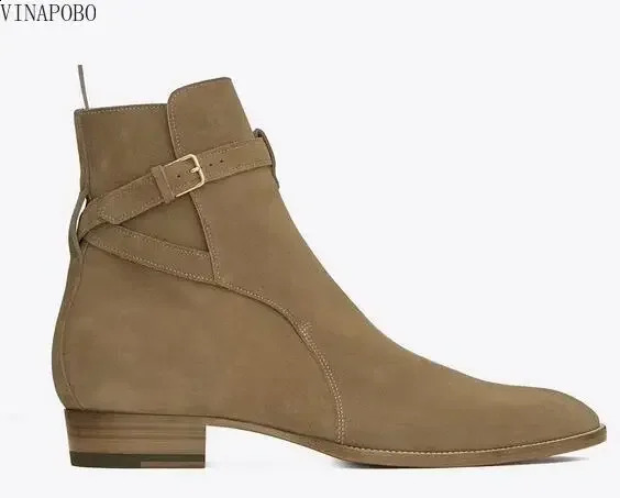 Autumn British Brown Black Frosted Genuine Leather Twist Ankle Buckle Pointed Toe Short Boots Men Cowboy High Top Retro 240924 c54d