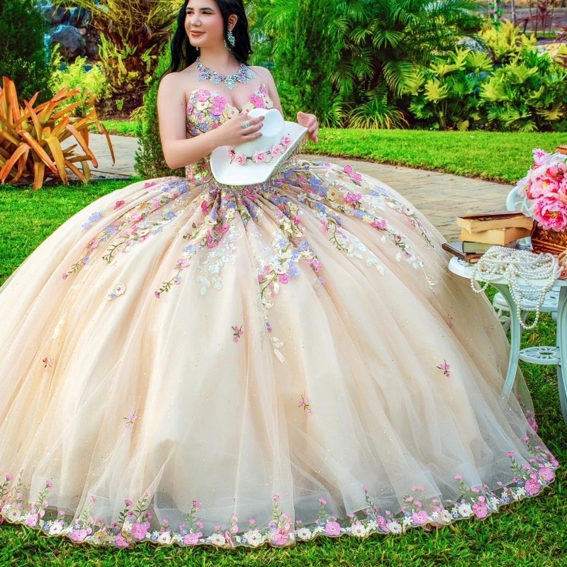 Light Champagne Quinceanera Dresses Off The Shoulder Ball Gown Applique Lace Tull Sleeveless Party Birthday Sweet 16 Vestido De 15 Anos